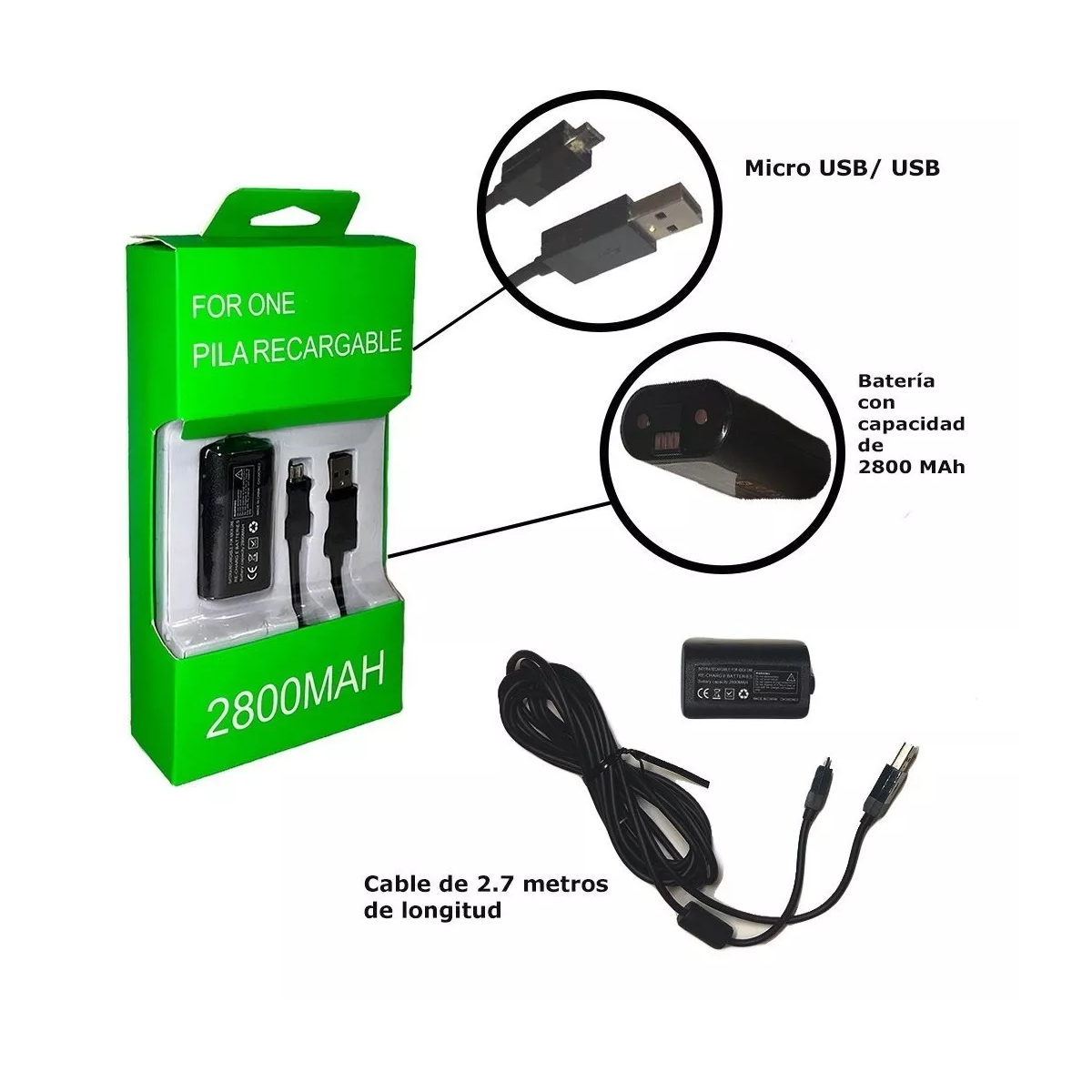 Foto 3 pulgar | Pila Recarga Y Cable 2.7m Para Control Xbox One Eo Safe Imports Esi-13013 Negro