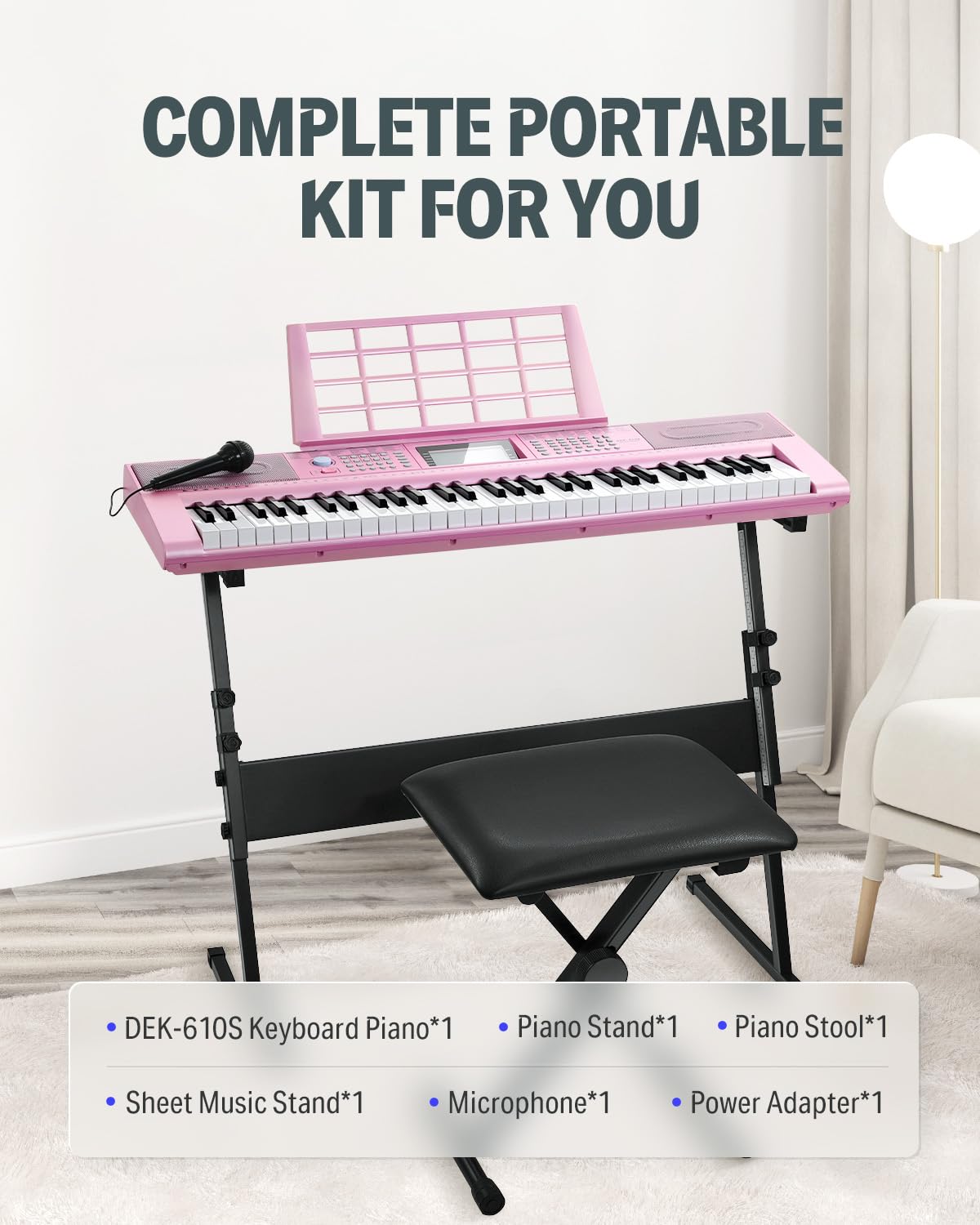 Foto 7 | Teclado Piano Donner Dek-610s De 61 Teclas Con Soporte, Taburete Rosa - Venta Internacional.
