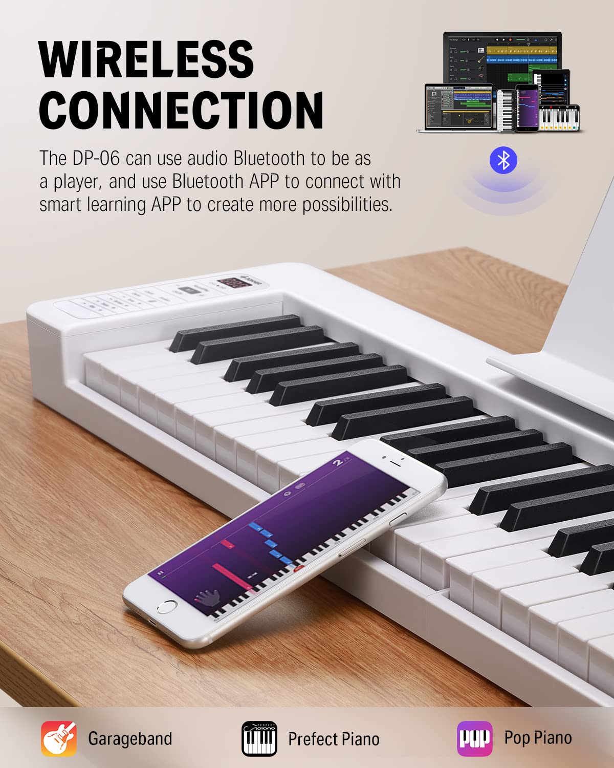 Foto 3 | Teclado Piano Donner Dp-06, 61 Teclas, Plegable, Bluetooth, Blanco - Venta Internacional.
