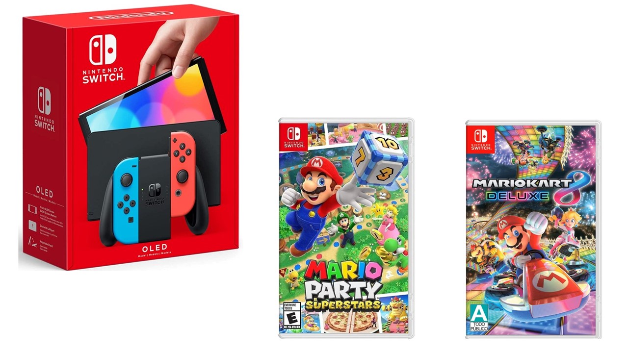 Nintendo Switch Oled Neon + Mario Kart 8 + Mario Party Superstars