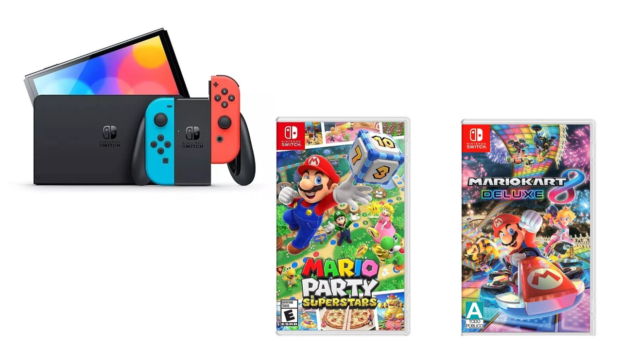 Foto 2 | Nintendo Switch Oled Neon + Mario Kart 8 + Mario Party Superstars