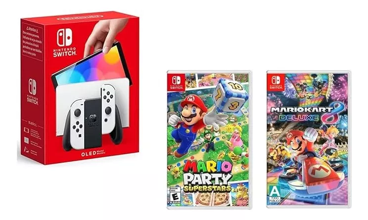 Nintendo Oled Blanco 64gb Y Juegos Mario Party Y Mario Kart