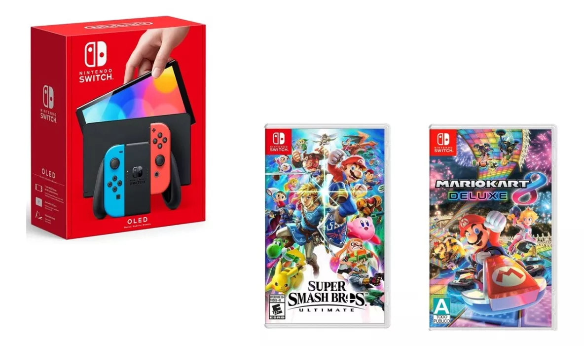 Foto 2 pulgar | Consola Nintendo Switch Oled con Videojuego Mario Kart 8 y Super Smash Bros