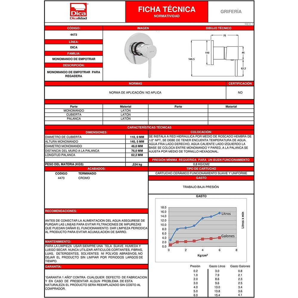 Foto 4 pulgar | Monomando Dica 4473.9 de Empotrar para Regadera