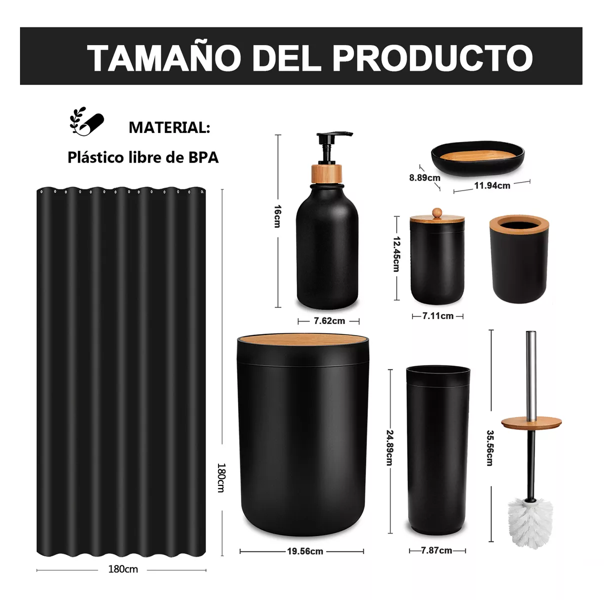 Foto 3 pulgar | Set de Baño con Cortina 8 Pieza des Plástico y Bambú Negro 500 ml
