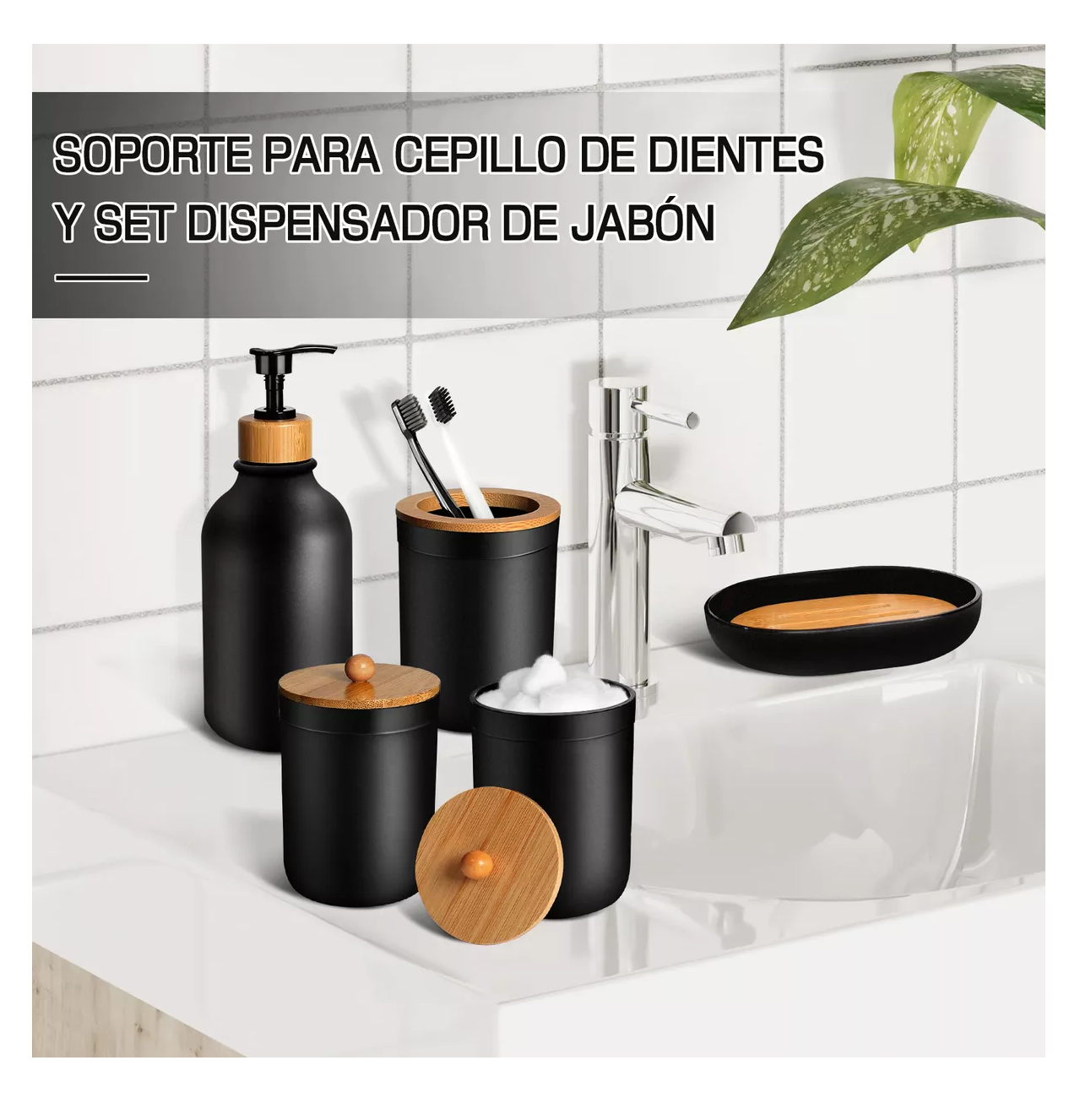 Foto 4 pulgar | Set de Baño con Cortina 8 Pieza des Plástico y Bambú Negro 500 ml