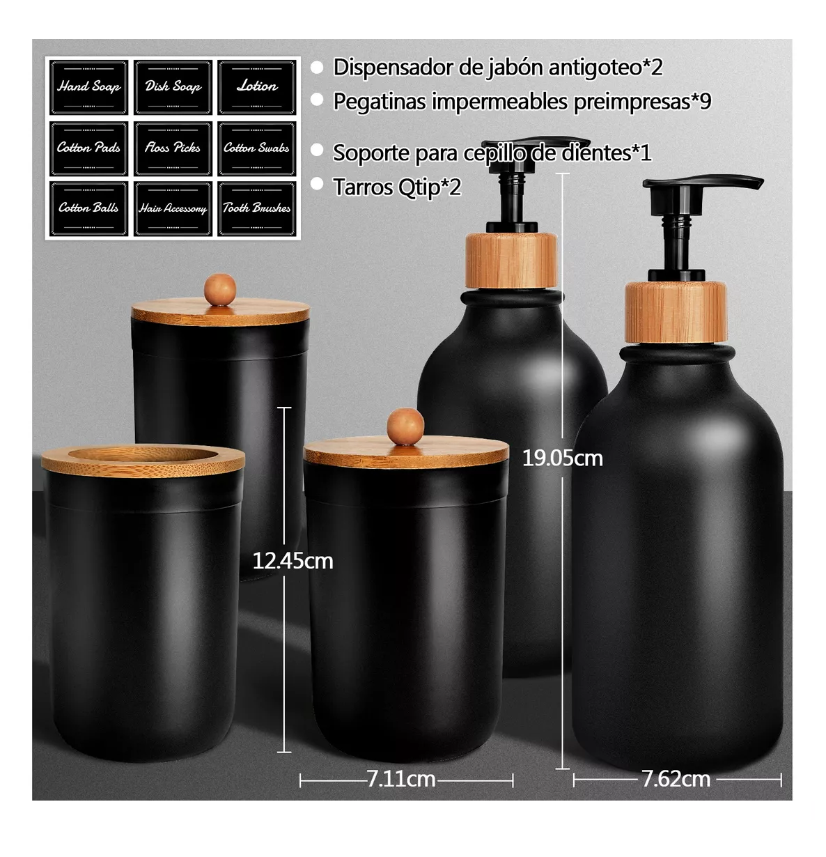 Foto 3 pulgar | Juego de Accesorios de Baño Negro Mate con Dispensador y Organizador de Bambú