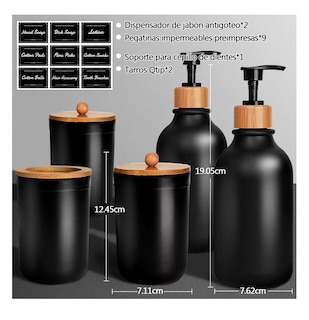 Foto 2 | Juego de Accesorios de Baño Negro Mate con Dispensador y Organizador de Bambú