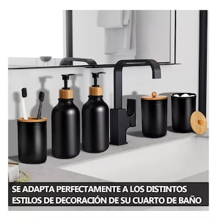 Foto 5 | Juego de Accesorios de Baño Negro Mate con Dispensador y Organizador de Bambú