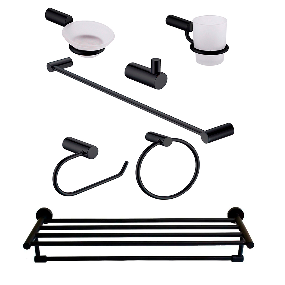 Juego De Baño 7 Piezas Con Barra Doble Negro Mate De Lujo