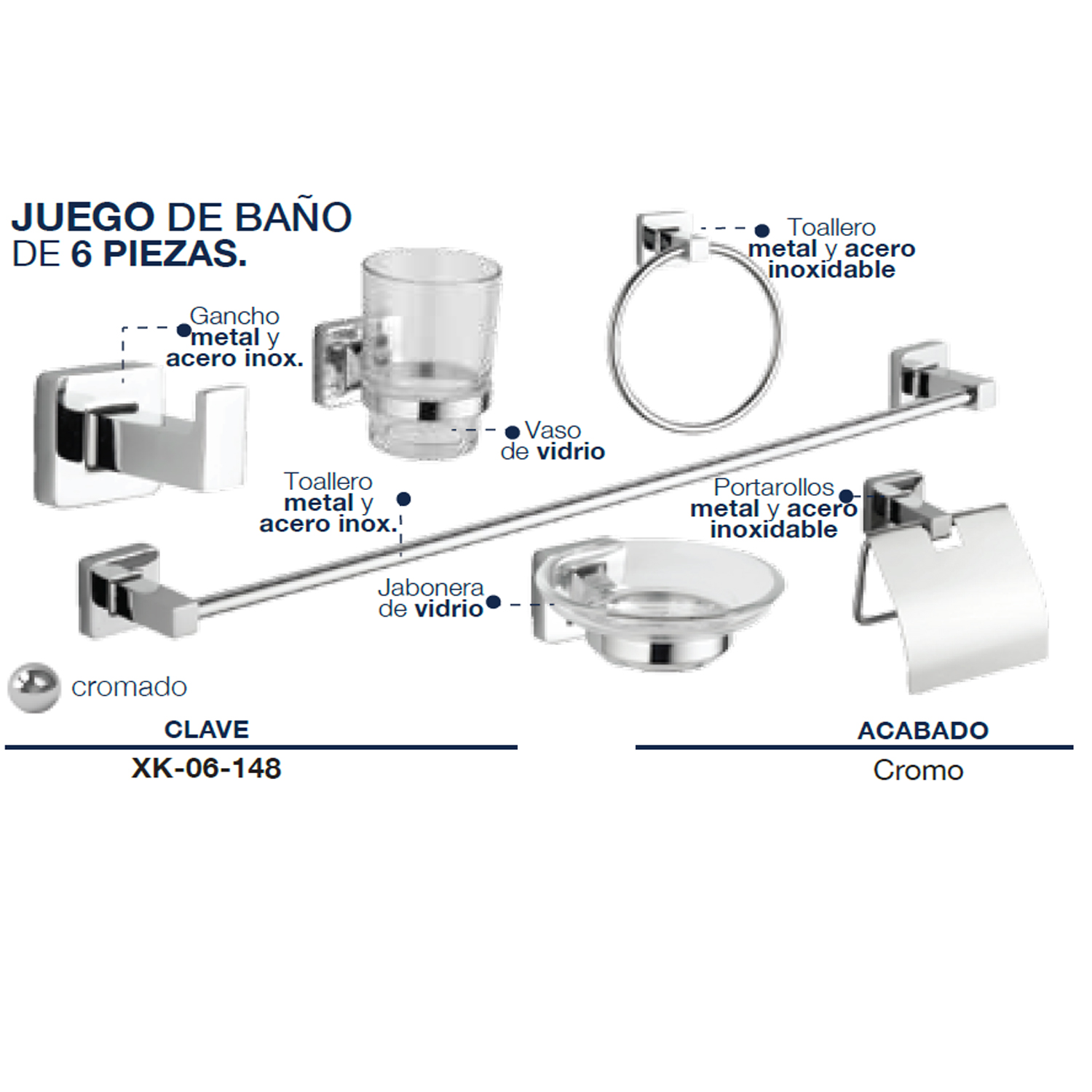 Foto 2 | Accesorios para Baño Alfa XK-06-148 color Plata 6 Piezas