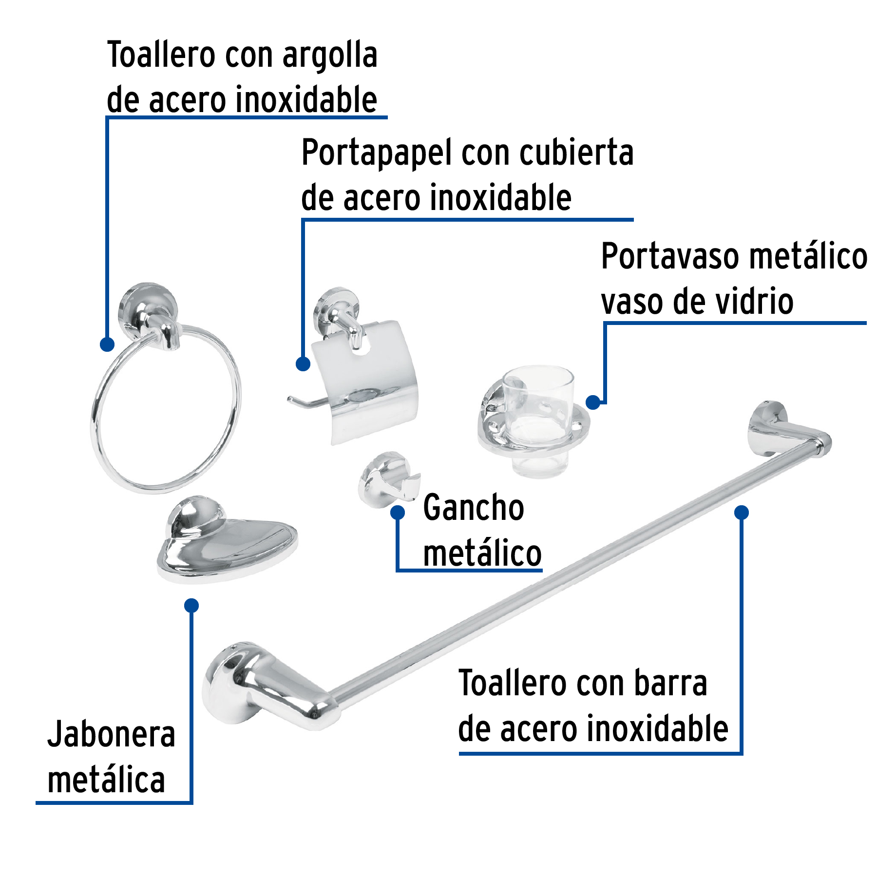 Foto 3 | Juego Accesorios para Baño Foset AQA-4000 color Plata Línea Aqua 6 PZAS