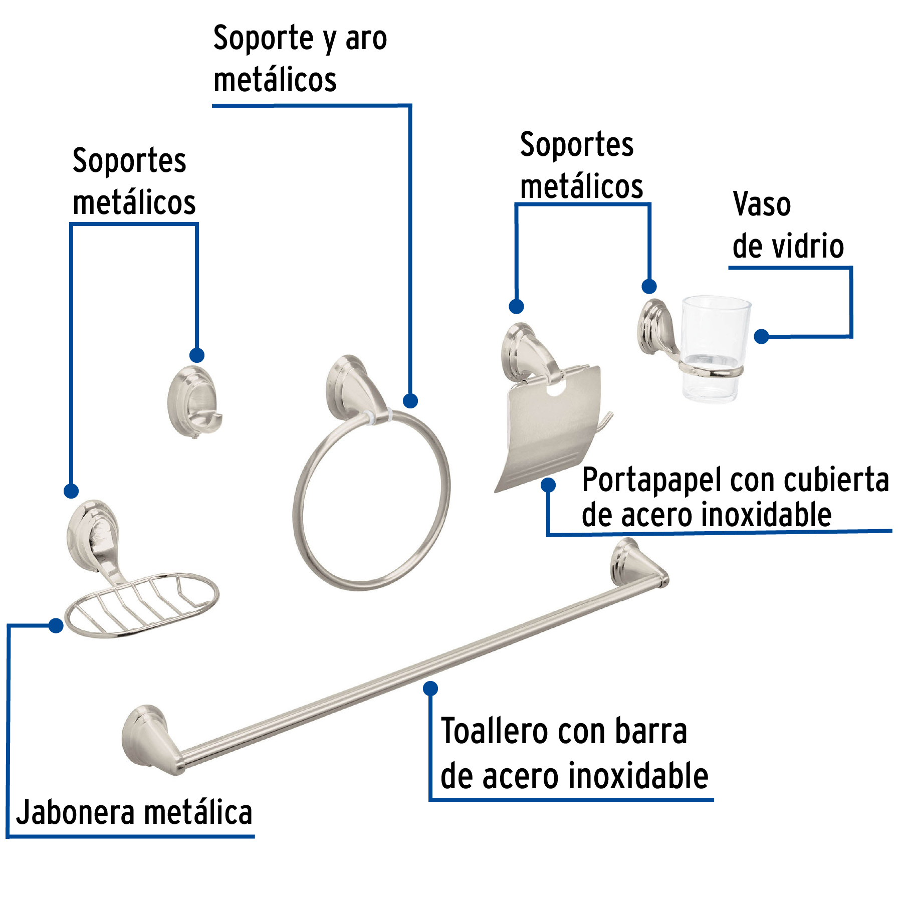 Foto 3 pulgar | Juego de 6 Accesorios para Baño Foset Aqa-4003n color Plata Chapetón Ovalado