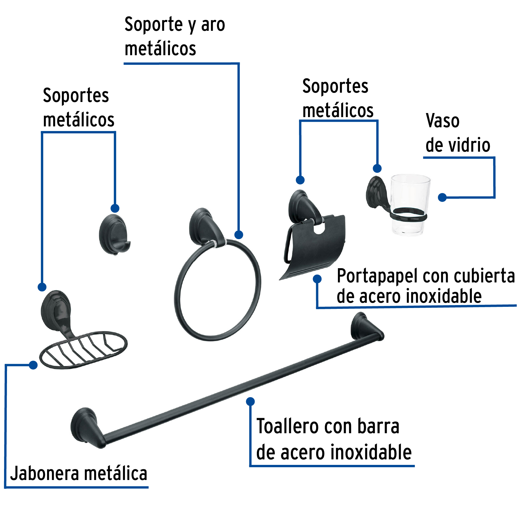 Foto 2 | Juego de 6 Accesorios Foset AQA-4003M color Negro para Baño Chapetón Ovalado