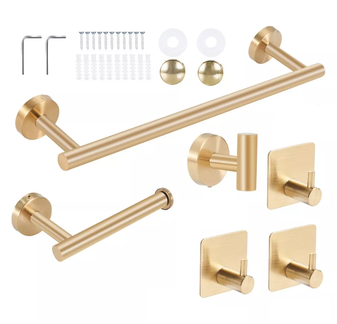 Juego De Accesorios Para Baño Con Toallero Cepillado 7 Piezas, Color Oro