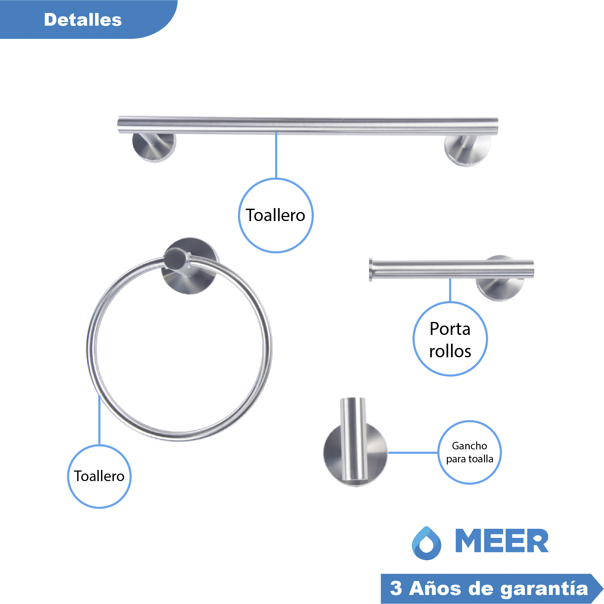 Foto 6 | Meer - Set De 4 Accesorios Baño De Acero Inoxidable Satinado