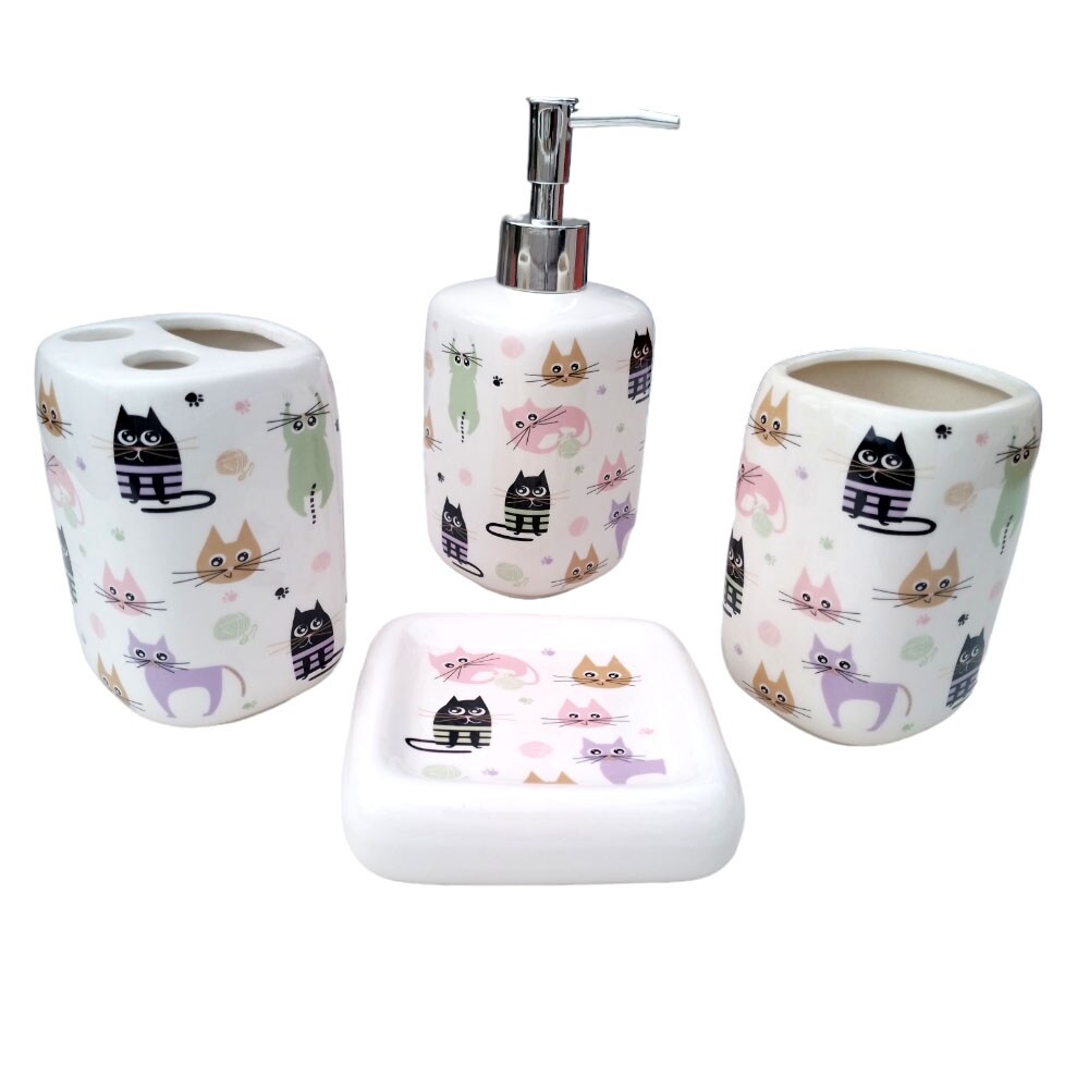 Set Decorativo para Baño Kyuden Home Blanco Gatitos Animados 4 Piezas $389