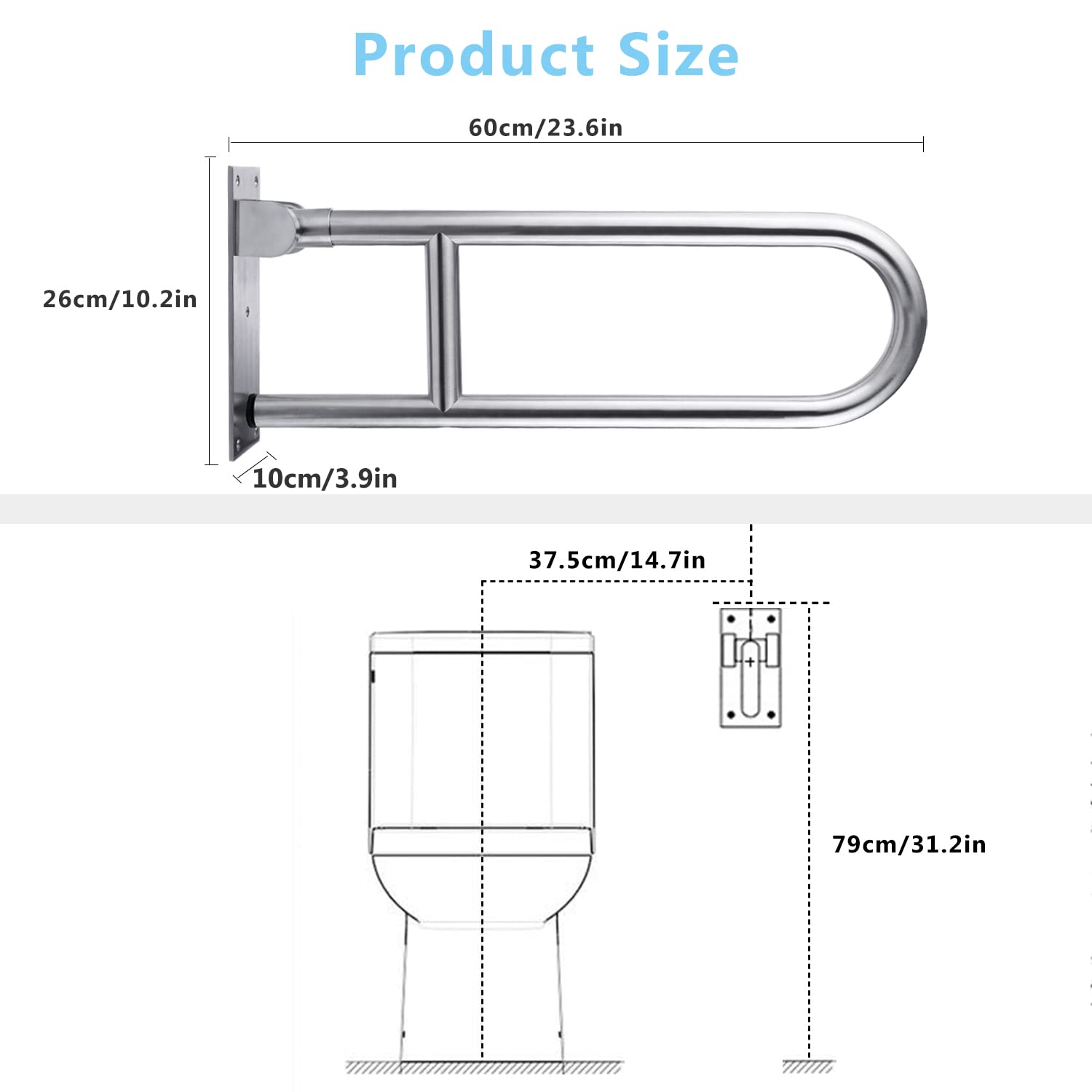 Foto 7 pulgar | Barras De Apoyo Para Inodoro Wochitv, 60 Cm, De Acero Inoxidable, Abatibles - Venta Internacional.