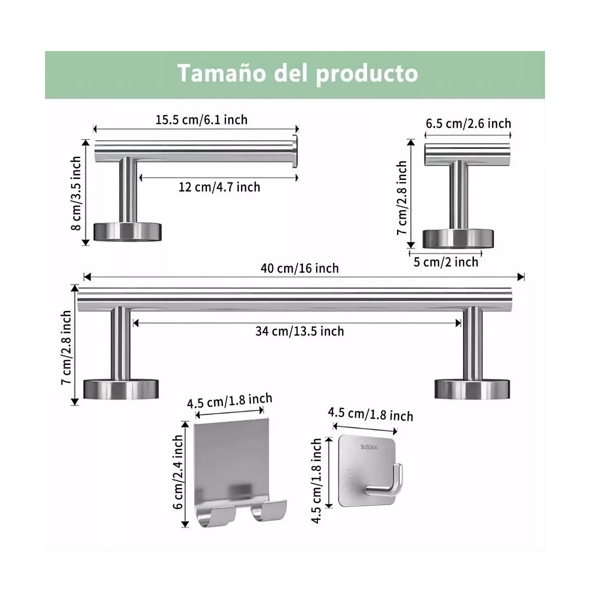 Foto 2 | Set Accesorios De Baño Toallero Acero Inoxidable 9 Piezas  Eo Safe Imports Esi-16321 Plata