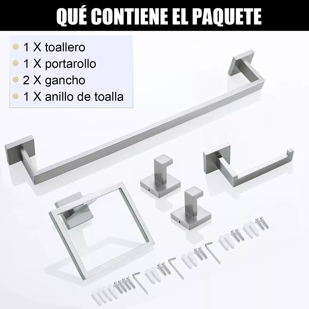 Foto 4 pulgar | Set De 5 Toallero Cuadrado Juego De Accesorios De Baño Cromo Eo Safe Imports Esi-16333 Plata