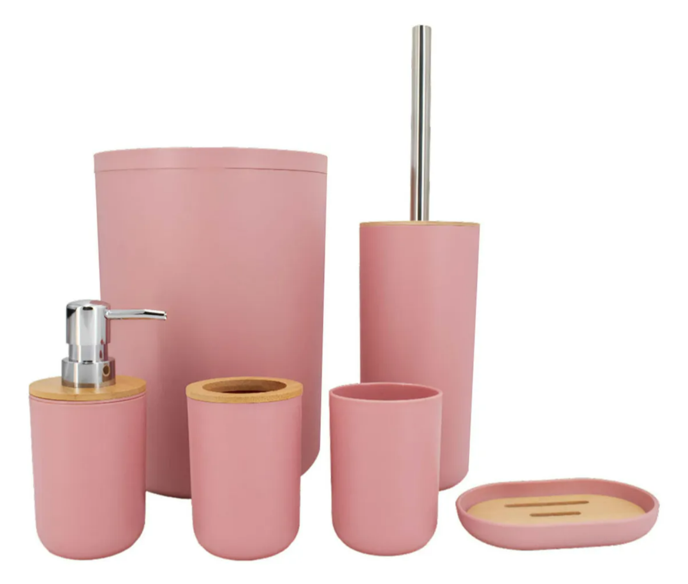Accesorios De Baño 6 Piezas De Bambú De Lujo Wc Color Rosa Xtellar