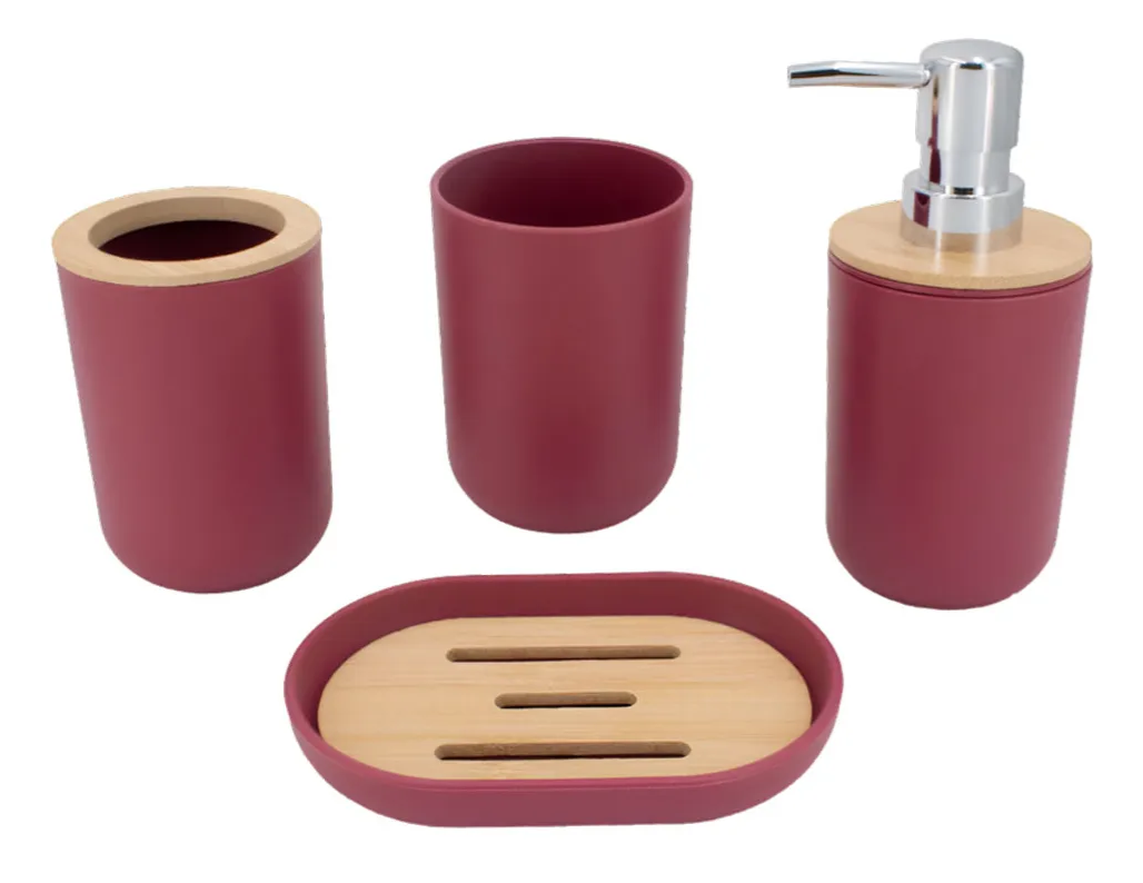 Foto 2 pulgar | Accesorios De Baño Xtellar De 4 Piezas Con Detalles De Bambú Color Vino