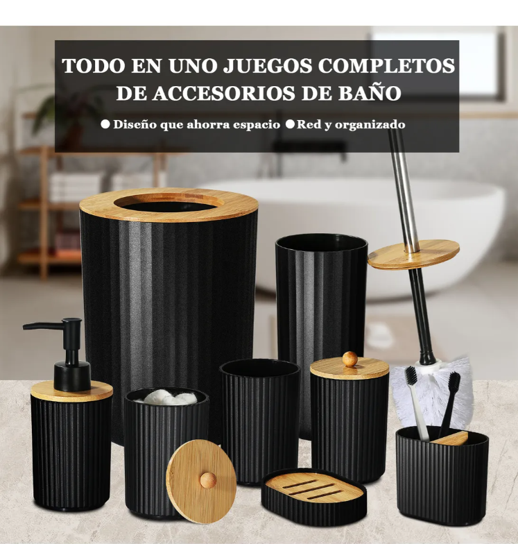 Foto 4 pulgar | Juego De Accesorios Para Baño Xtellar Set 8pcs  Plástico Y Bambú Color Negro