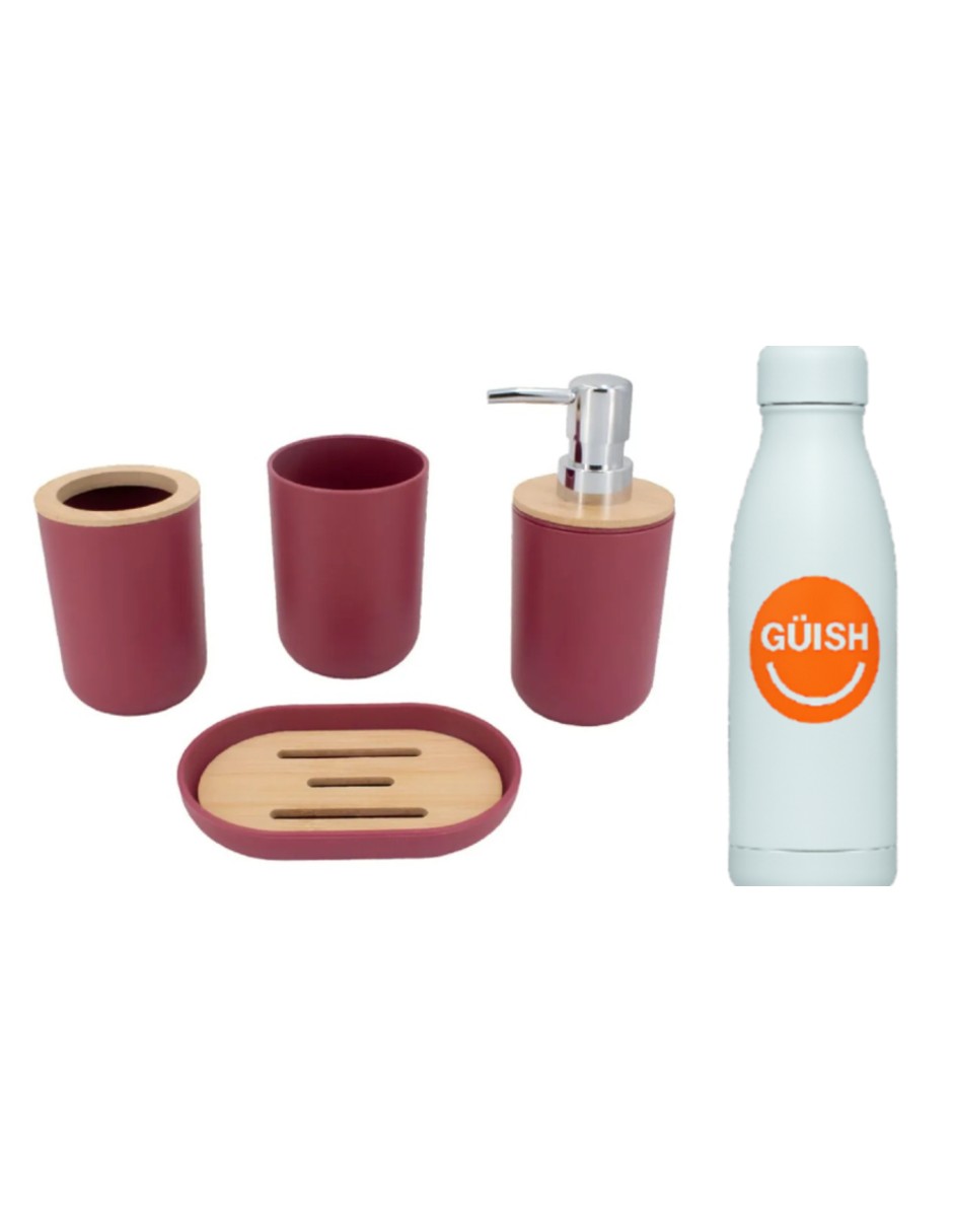 Accesorios De Baño Set De 4 Piezas Color Vino + Gratis Termo Güish De Regalo