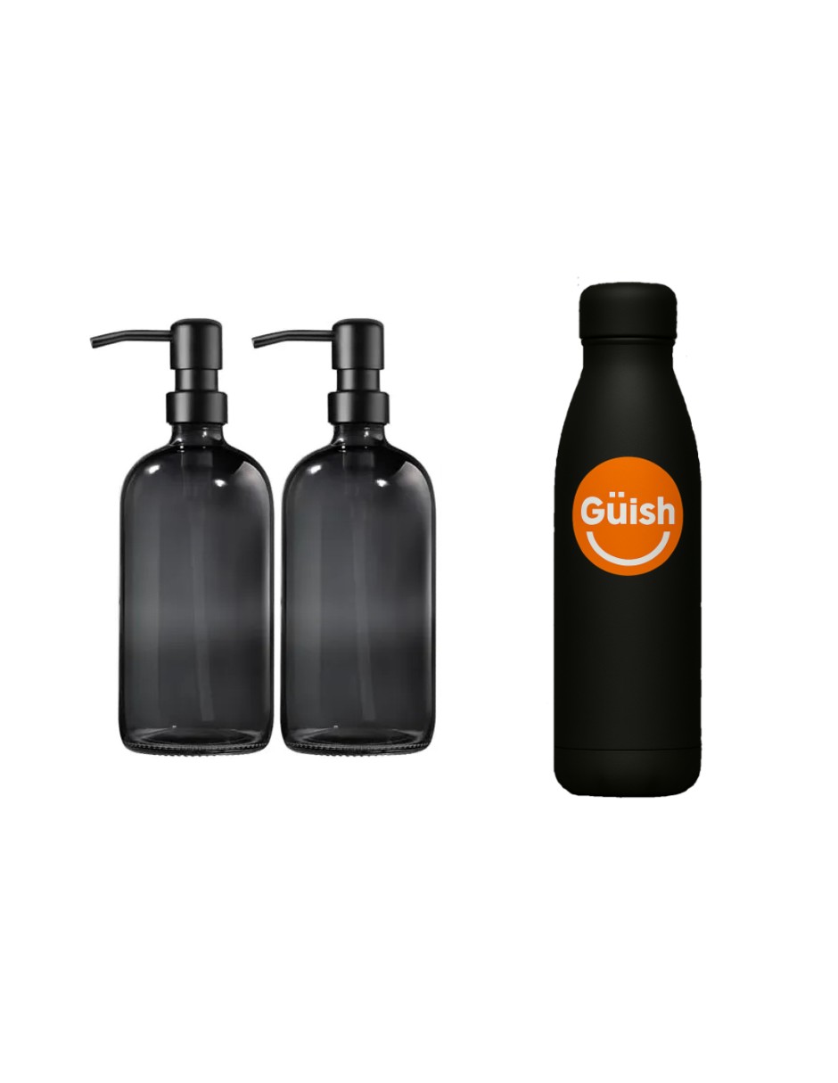 Dispensador De Jabon 2 Kit Vidrio Gris Oscuro + Gratis Termo Güish De Regalo