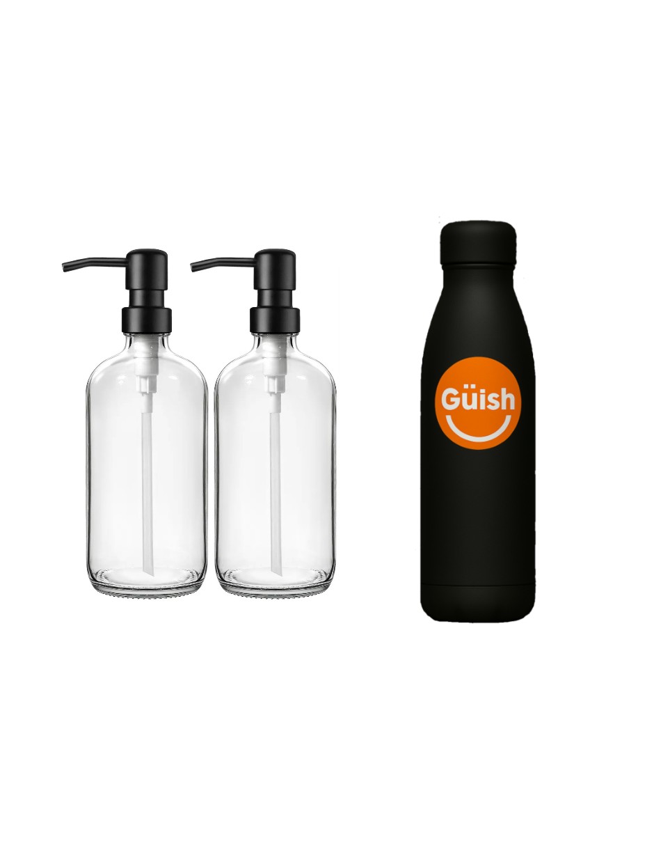 Dispensador De Jabon 2 Kit Vidrio Transparente + Gratis Termo Güish De Regalo