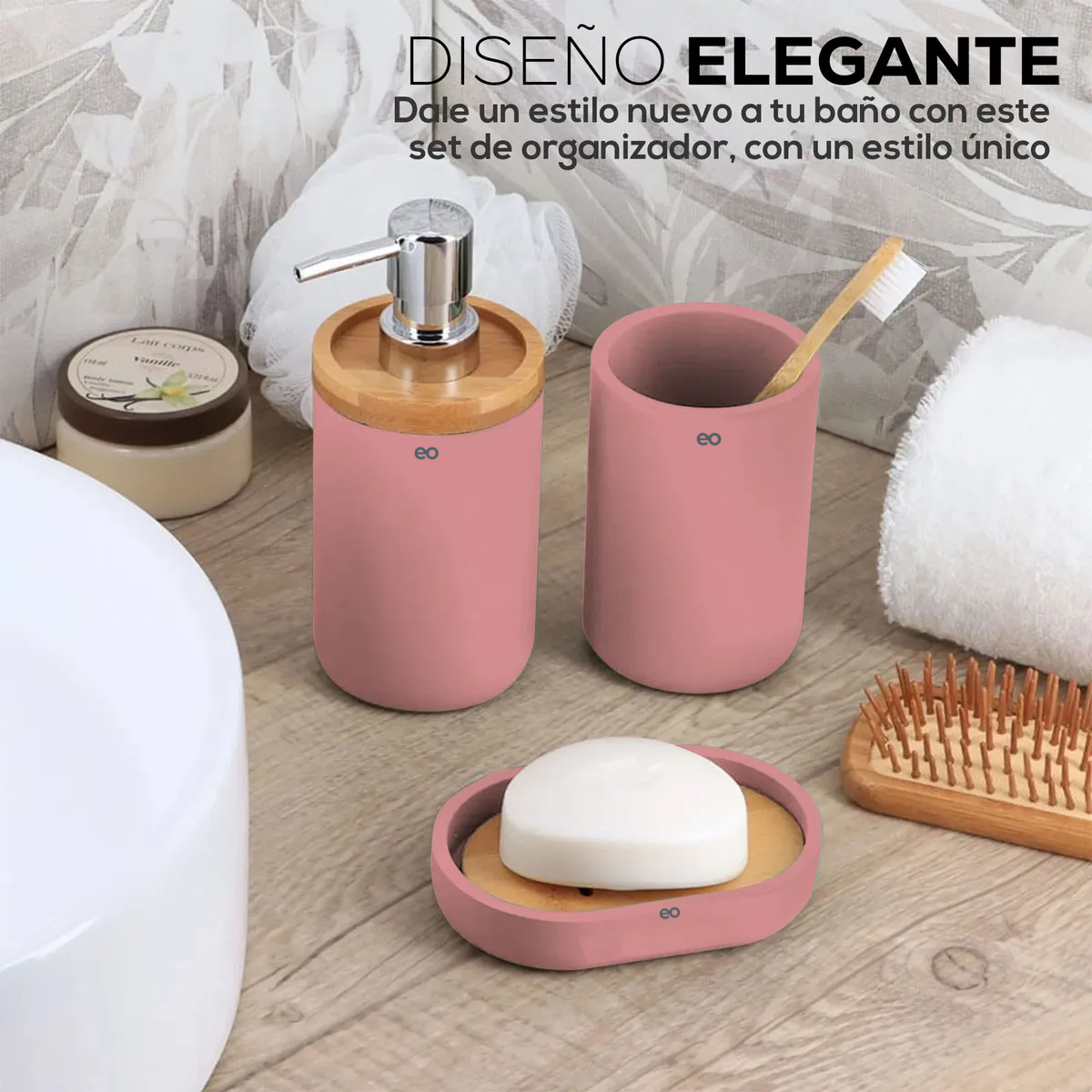Foto 4 pulgar | Accesorios De Baño Set De 4 Piezas Con Detalles De Bambu Eo Safe Imports Esi-20289 Rosa