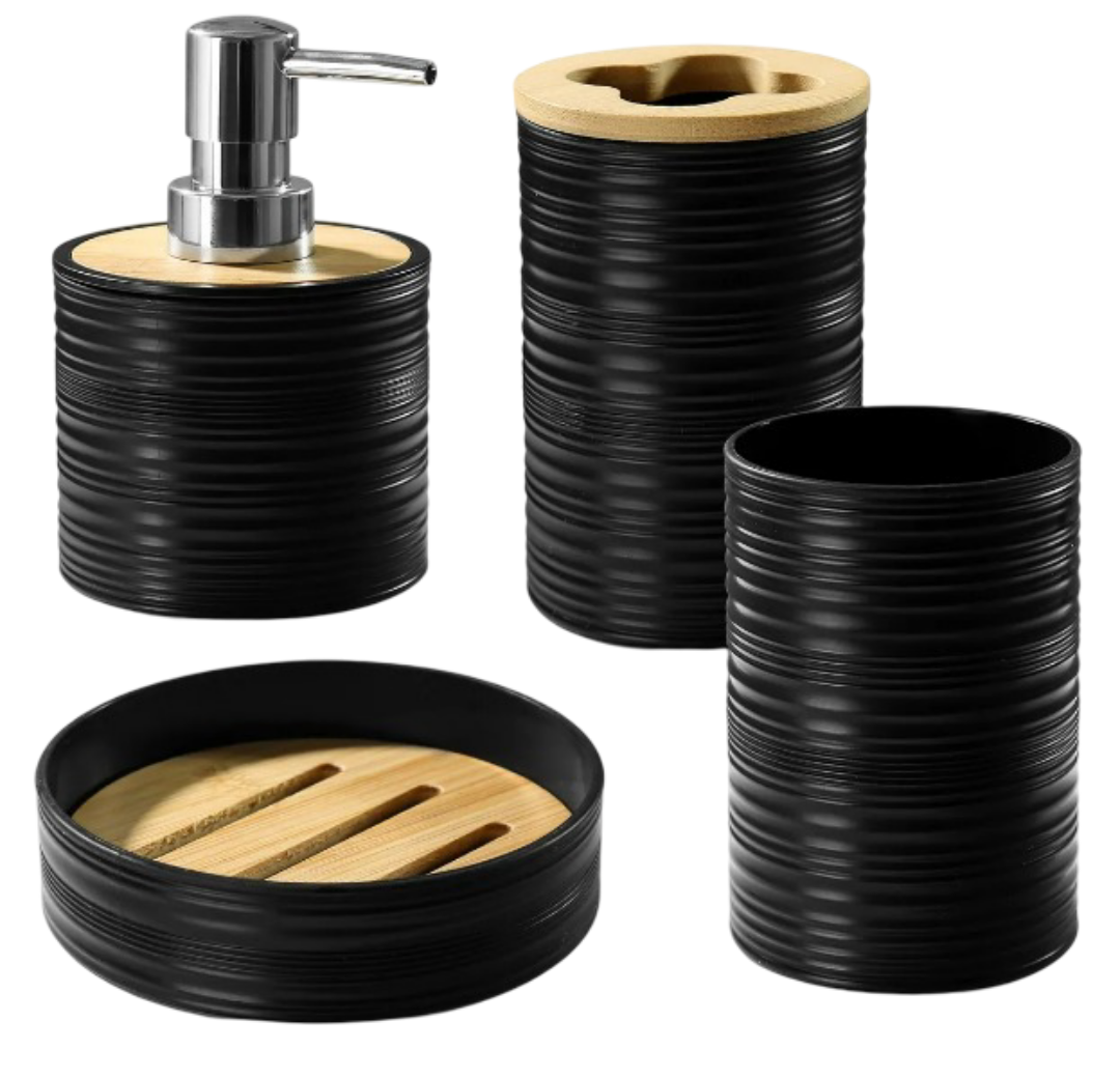 Xtellar Elegante Set De Accesorios Para Baño De 4 Piezas  Bambú Y Plástico Premium