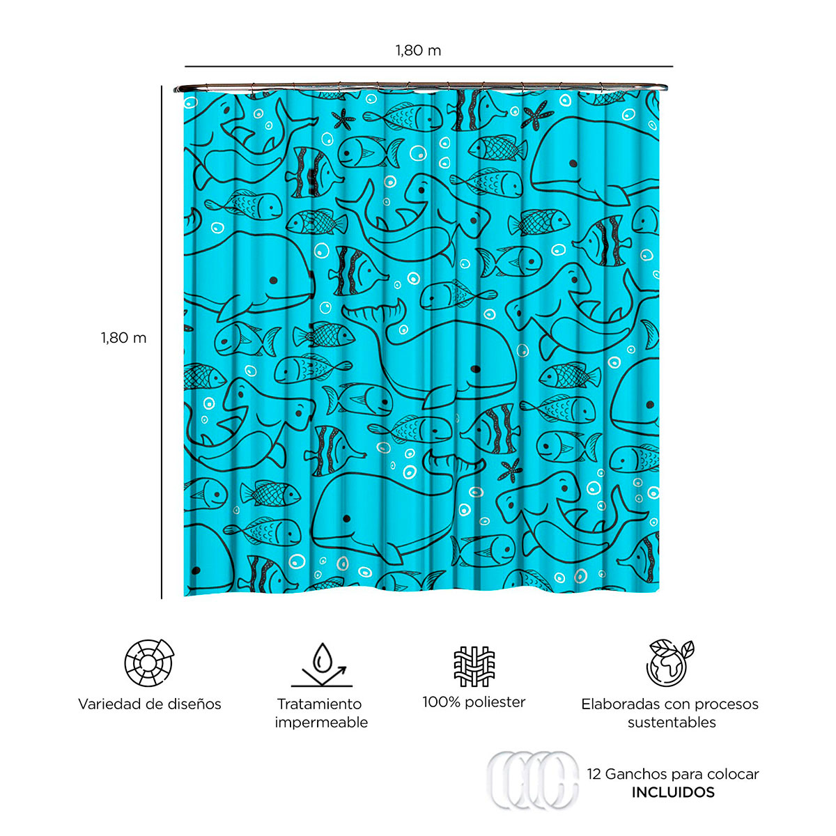 Foto 3 | Cortina para Baño PROVIDENCIA Ballenas Kids color Azul