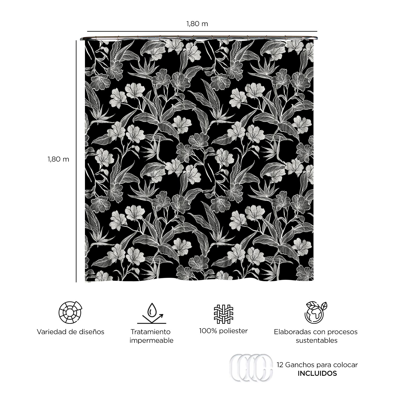 Foto 4 pulgar | Cortina para Baño Providencia Black Roses