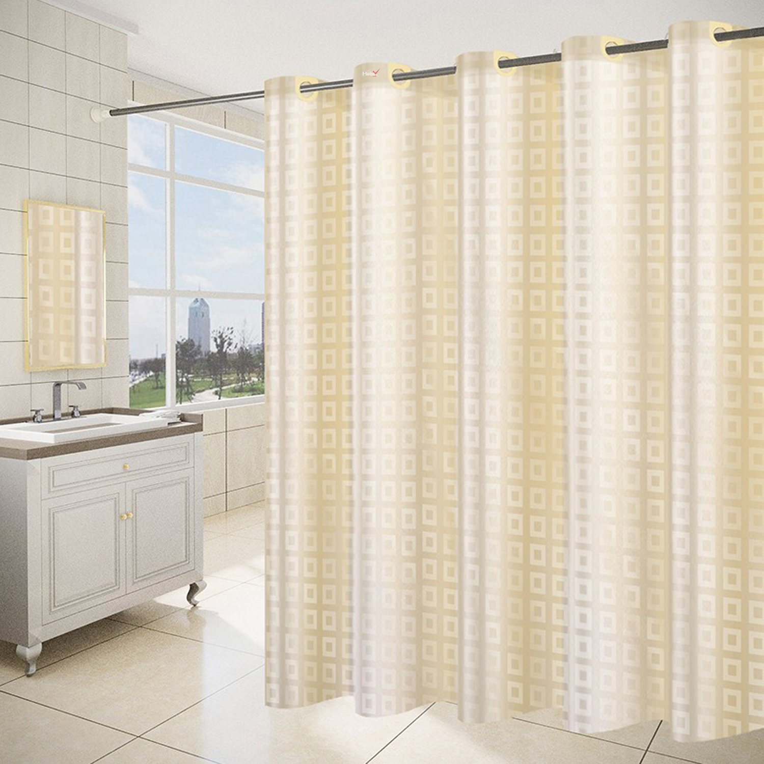 Foto 3 pulgar | Cortina de Baño color Beige Tela a Cuadros 180 X 180 CM Impermeable