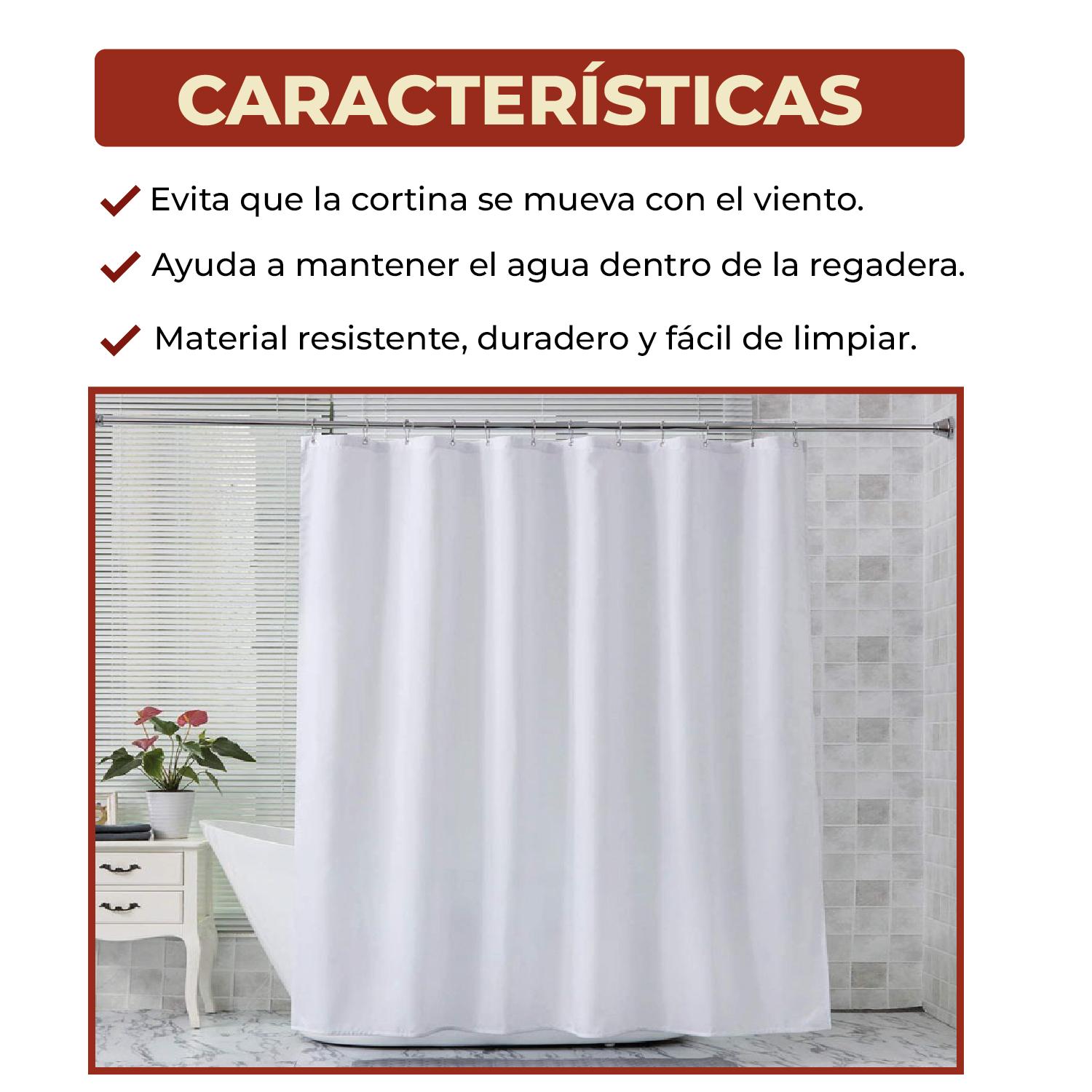 Foto 5 pulgar | Cortina De Baño Impermeable 180 X 180cm Color Blanco + Ganchos De Acero
