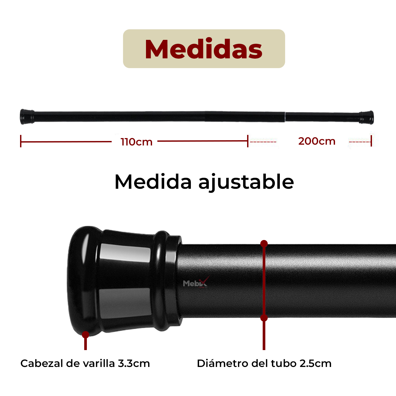 Foto 6 pulgar | Tubo para Cortina de Baño Barra Ajustable 1.1 x 2.0 mNegro