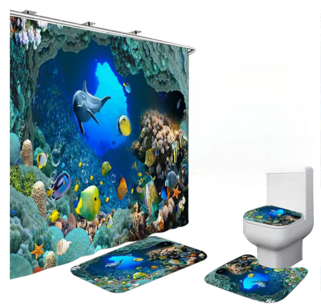 Set De Baño Premium Xtellar Animales Marinos: Cortina Impermeable Y Juego De 3 Alfombrillas De Lujo