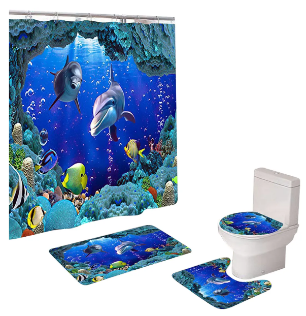 Set De Baño Premium Xtellar Delfines: Cortina Impermeable Y Juego De 3 Alfombrillas De Lujo
