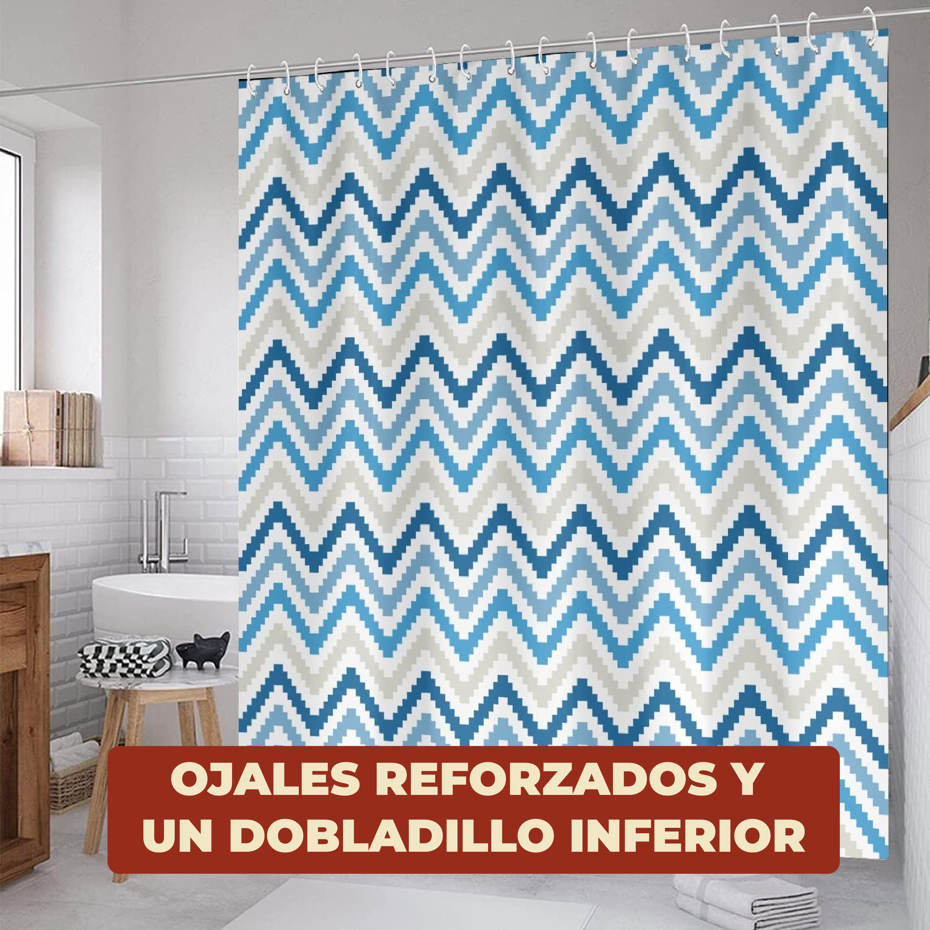 Foto 6 pulgar | Cortina De Baño Impermeable 180 X 200 Cm Diseño De Líneas + Ganchos De Acero Inoxidable