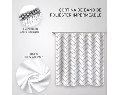 Foto 3 | Cortina de Baño Impermeable 180 x 200 cm Diseño de Líneas + Ganchos de Acero Inoxidable