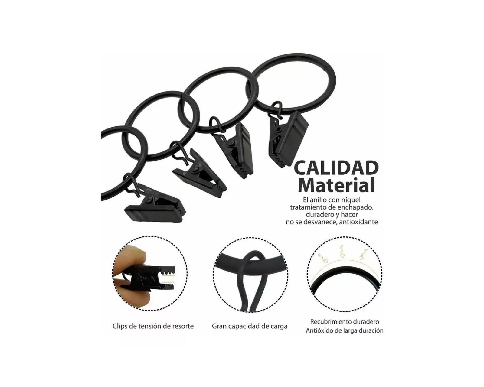 Foto 4 pulgar | Anillos Metálicos de Cortina con Clip Negros 12 Piezas