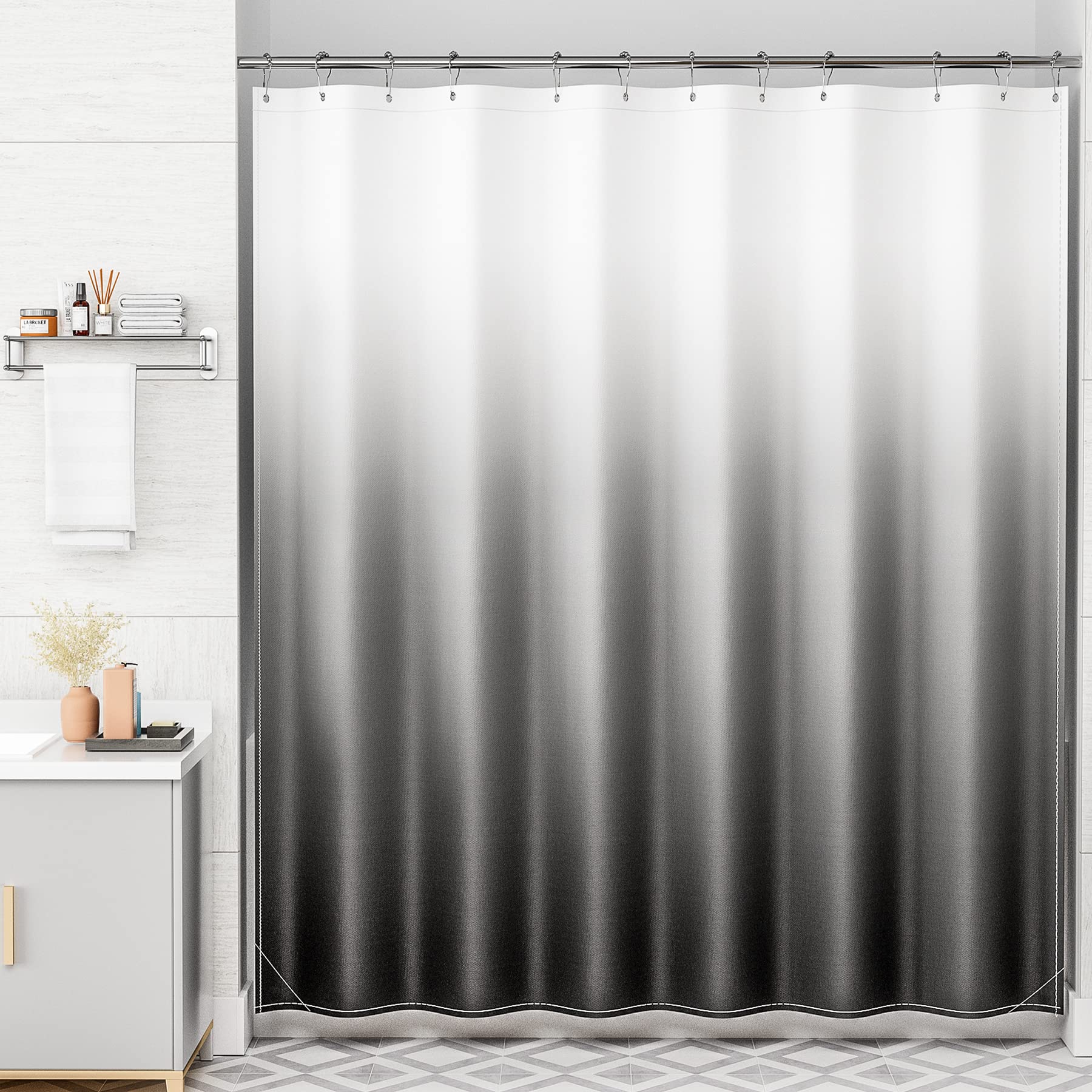 Cortina de Ducha AmazerBath de Tela Negra Degradada 180 x 180 cm con Capucha - Venta Internacional