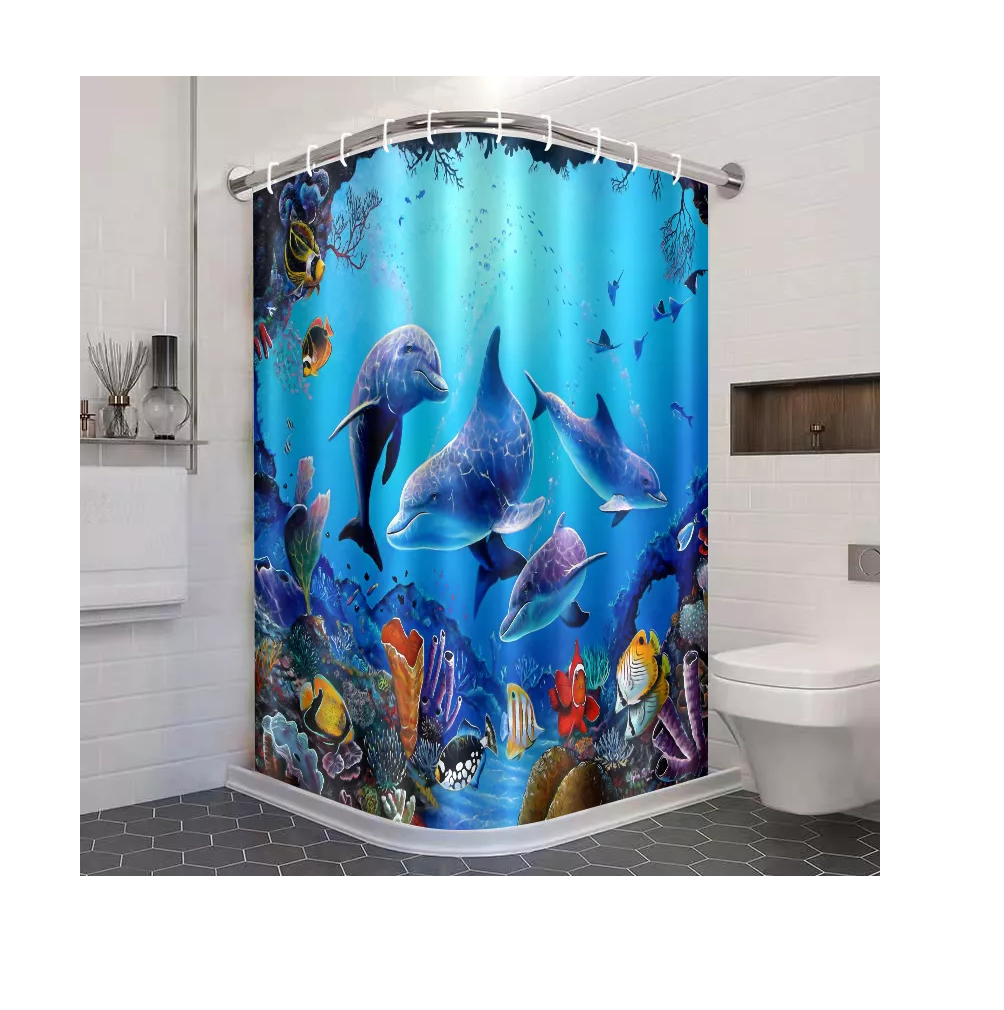 Foto 3 | Cortina De Baño Lavable Tela Antihongo Impermeabl 180*180 Cm Estilo 3 Azul Delfines