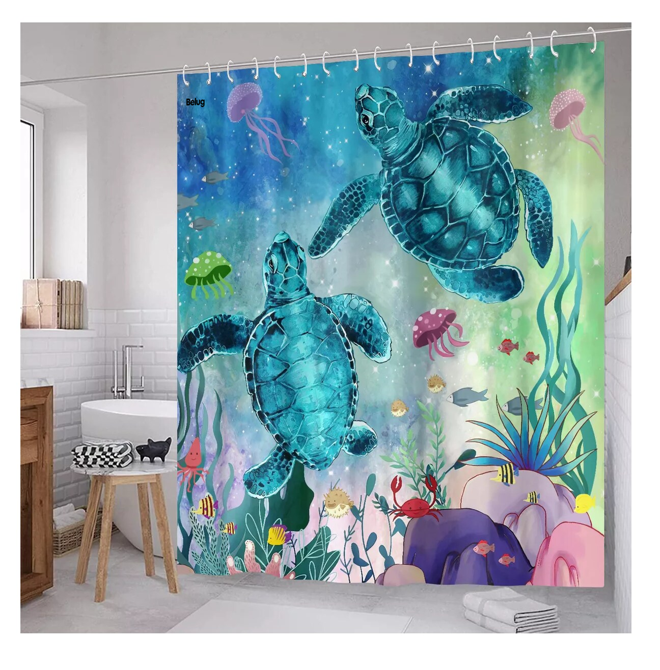 Foto 5 pulgar | Cortina De Baño Lavable Tela Antihongo Impermeabl 180*180 Cm Estilo 8 Azul 2 Tortugas