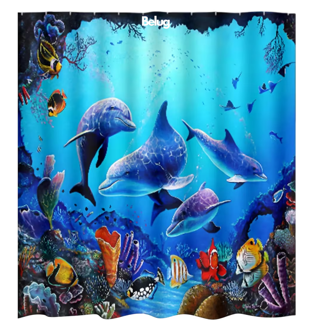 Cortina De Baño Lavable Tela Antihongo Impermeabl 180*180 Cm Estilo 3 Azul Delfines
