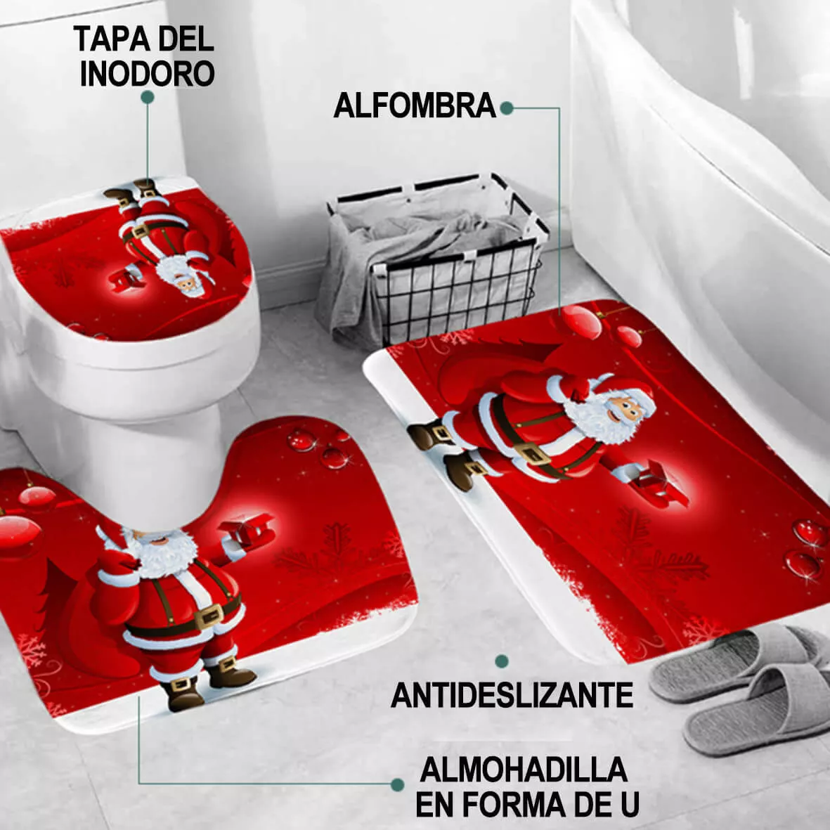 Foto 5 | Juegos De Baño Navideños Cortina De Ducha Impermeable Fundas Rojo Santa