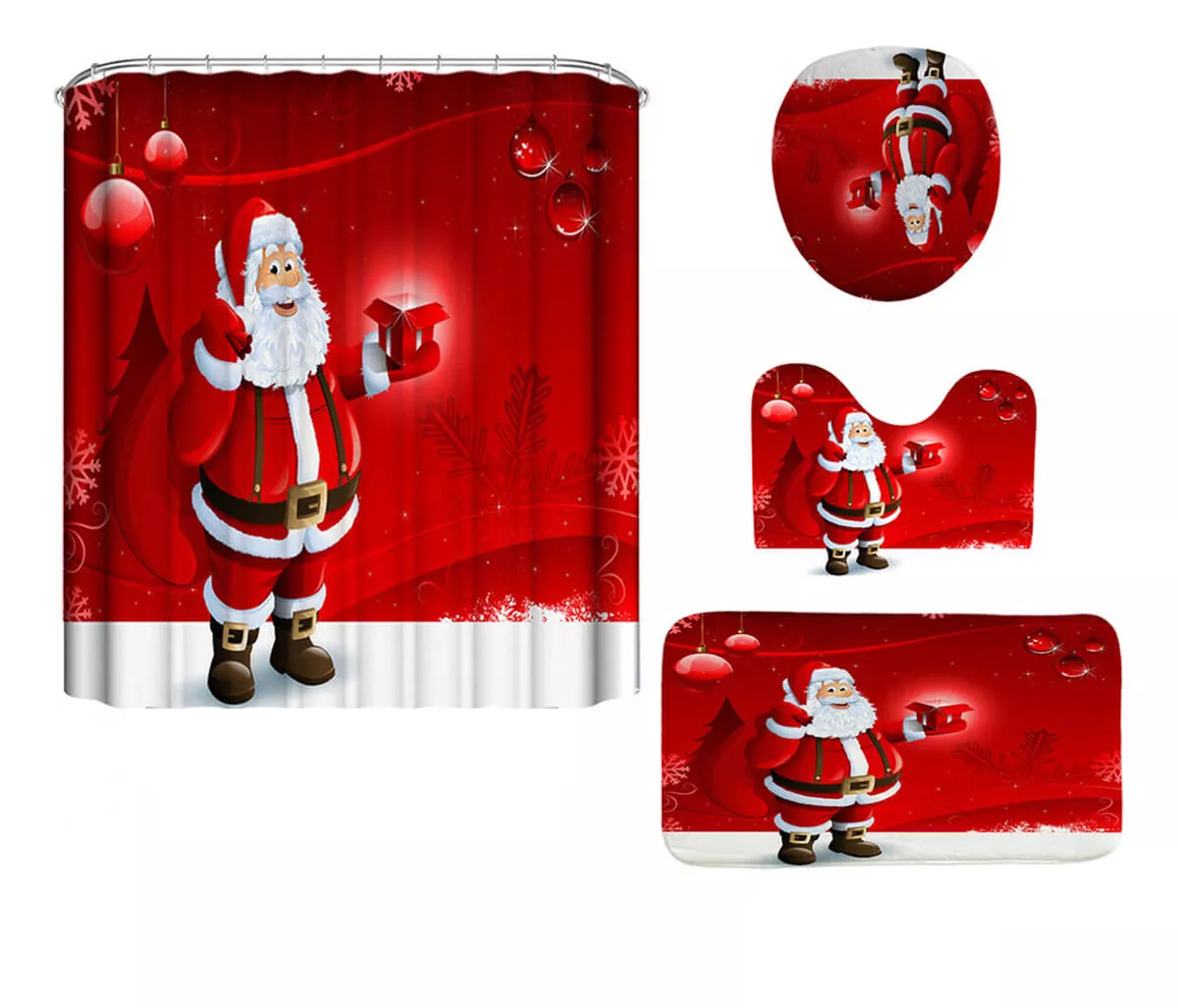 Juegos De Baño Navideños Cortina De Ducha Impermeable Fundas Rojo Santa