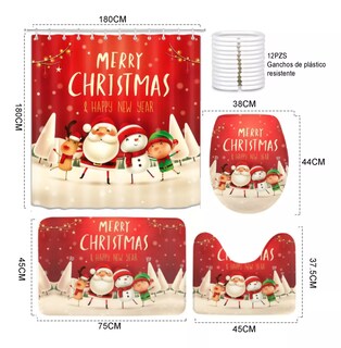 Foto 3 | Juego De Baño Navideñas Cortina De Ducha Impermeable Fundas Rojo Merry Chistmas