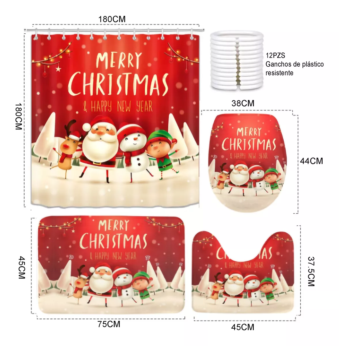 Foto 3 | Juego De Baño Navideñas Cortina De Ducha Impermeable Fundas Rojo Merry Chistmas